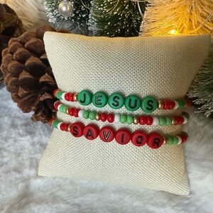 Jesus Savior Christmas Beaded Bracelet Set - Red and Green